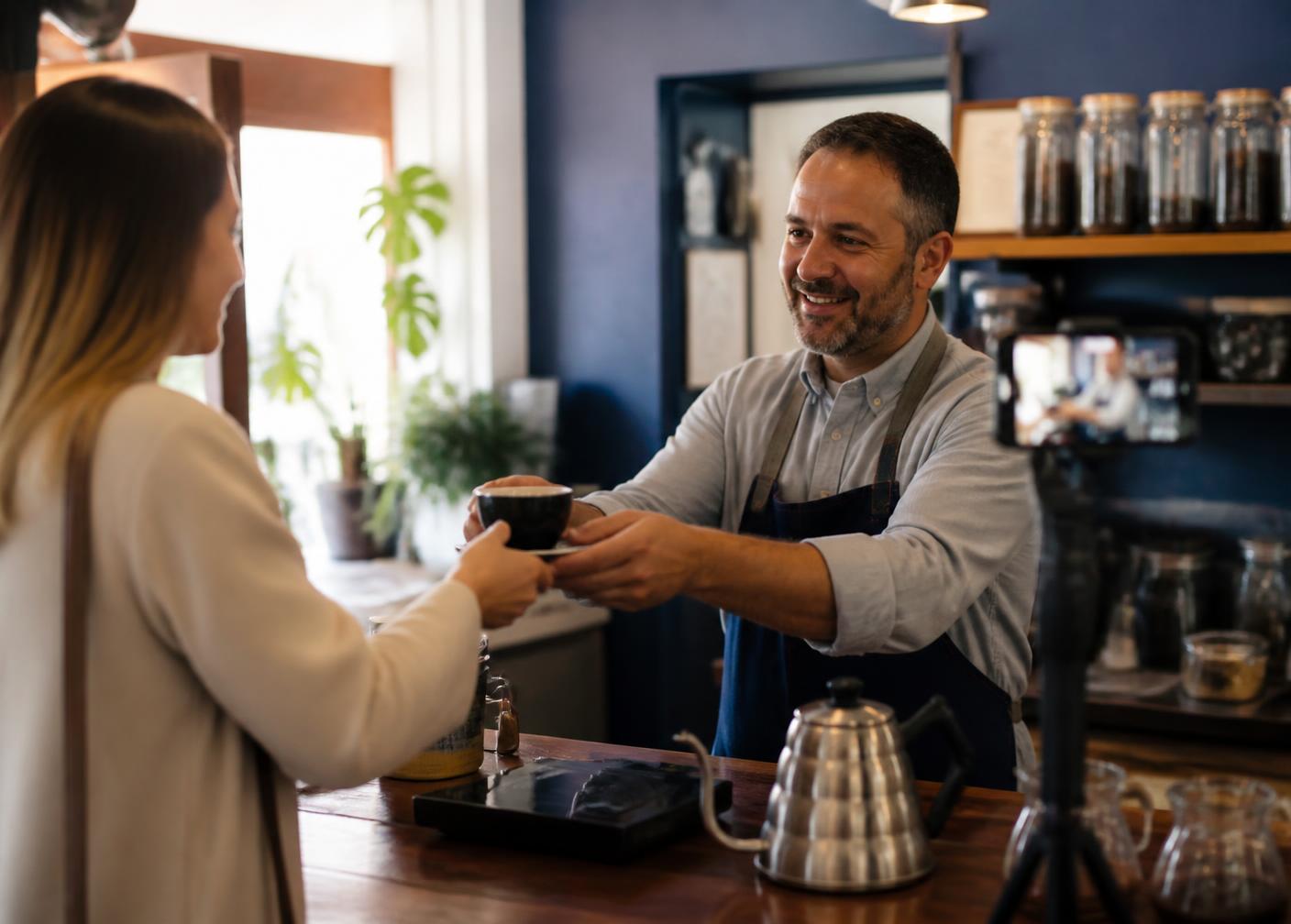 A cafe owner handing a drink to a customer while a phone on a tripod films the moment