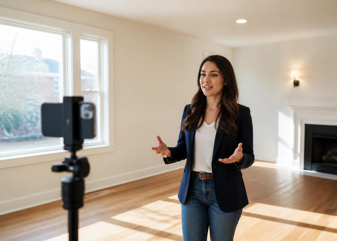 A local business owner recording a walkthrough of their space on a phone tripod